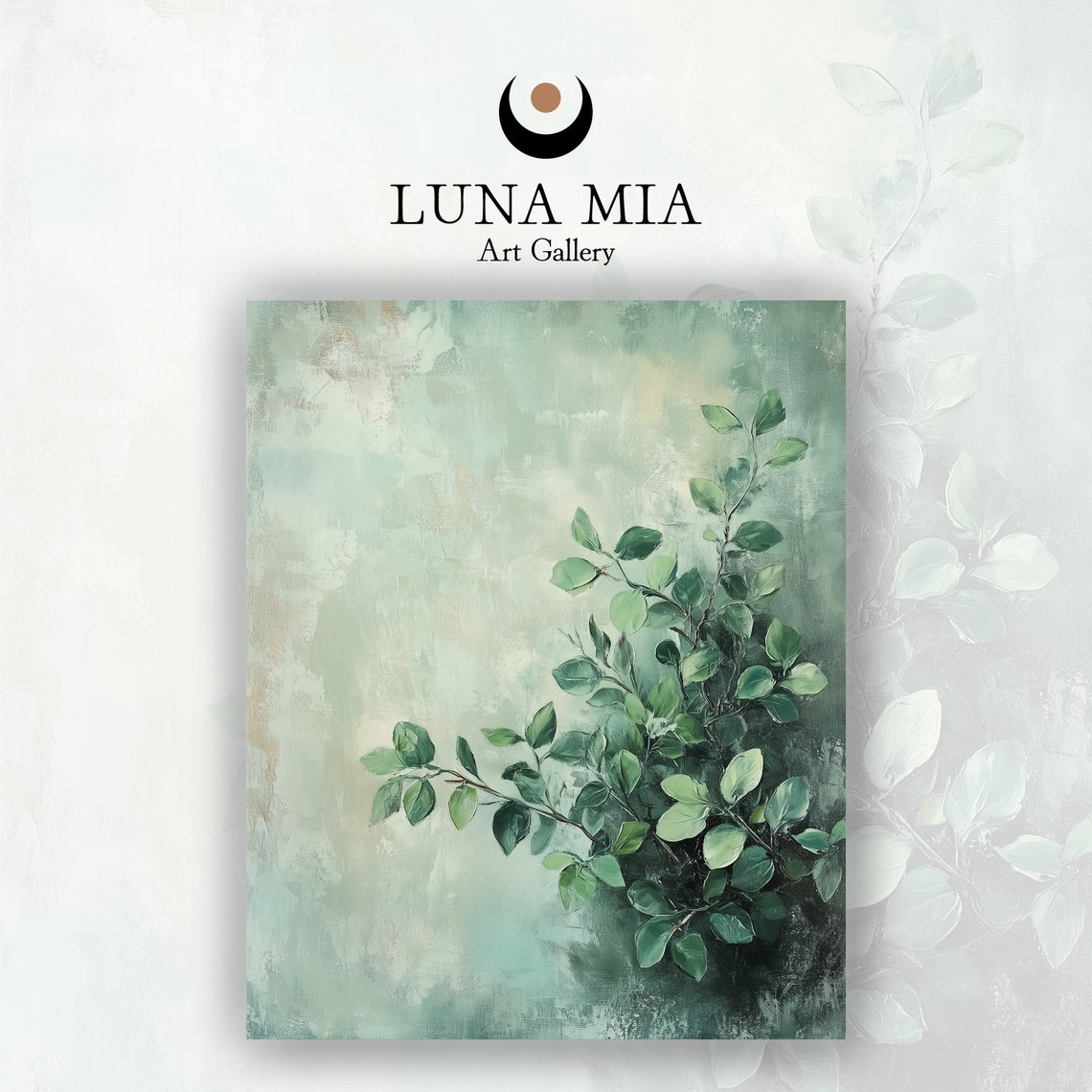 Fresh Green Leafy Branch on Soft Sage Background Botanical Poster - Image 2