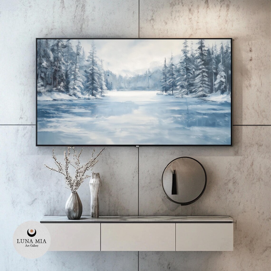 Frozen River in Snowy Pine Forest Blue Gray Winter Landscape Poster - Image 2