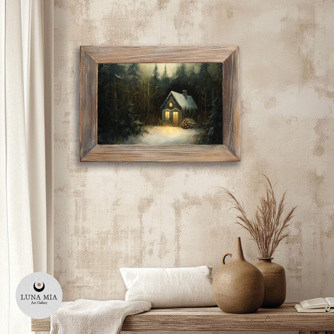 Cozy Snowy Cabin in Dark Forest Glowing Windows Winter Art Poster - Image 3