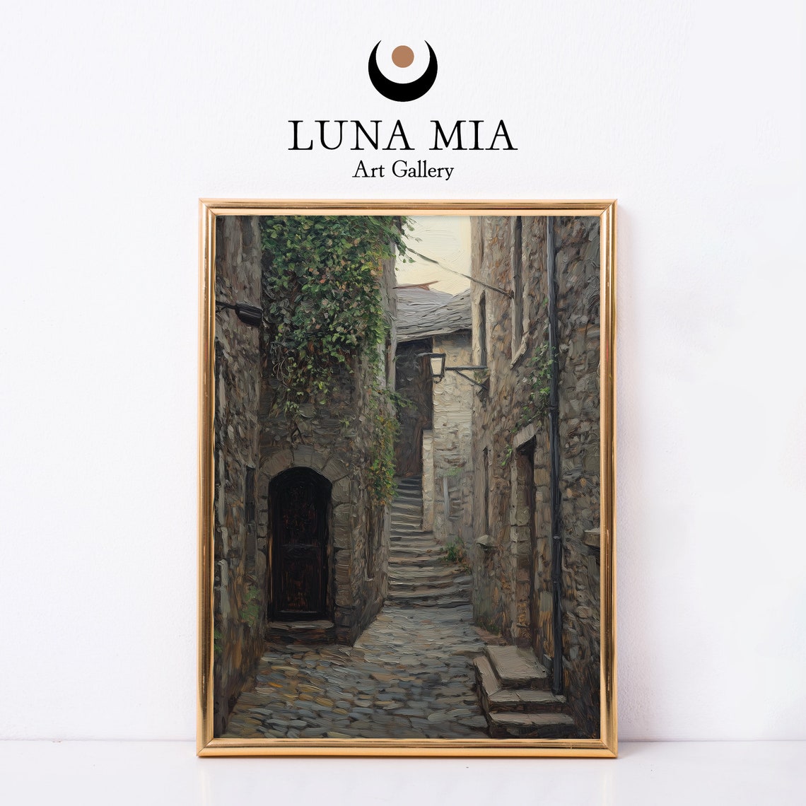 Old Ancient Stone Village Street With Steps in Warm Light Poster