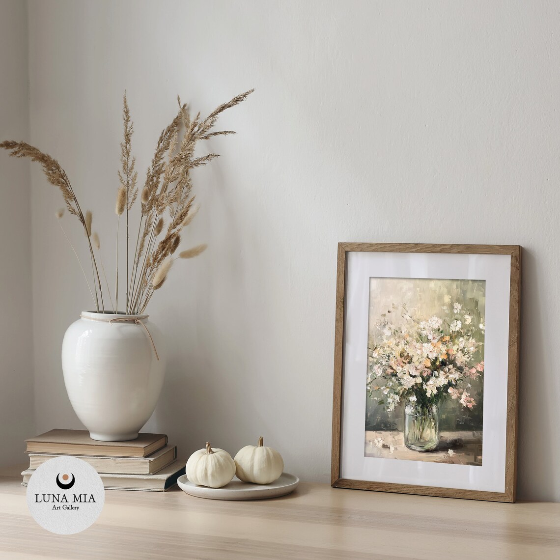 White Blossom Bouquet Glass Jar Soft Green Oil Painting Art Poster - Image 5