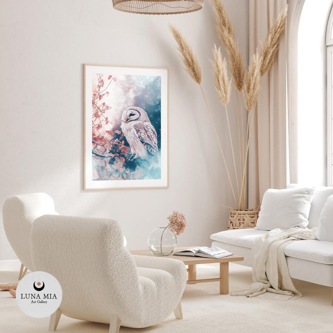 White Owl Among Red Autumn Leaves In Soft Pastel Winter Tones Poster - Image 3