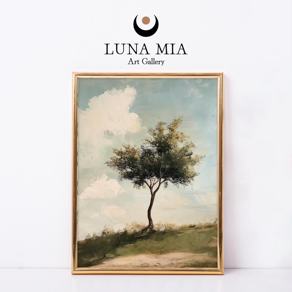 Lone Tree on Hill Soft Blue Sky Muted Landscape Painting Poster