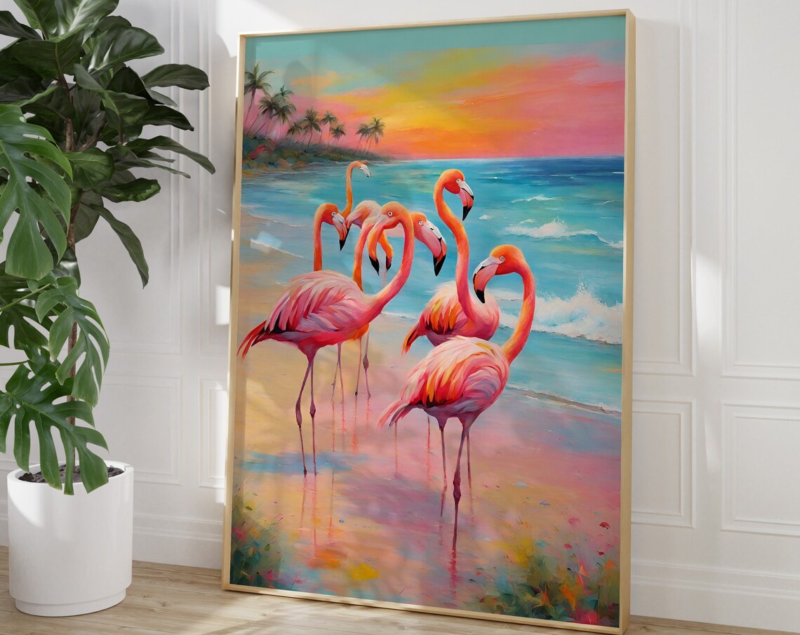 Flamingo Sunset Beach Painting Pink Tropical Bird Decor Poster