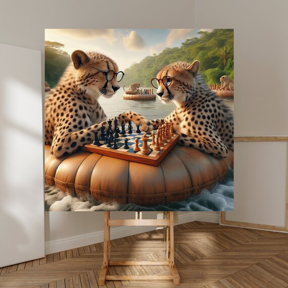 Whimsical Cheetahs Playing Chess on River Rafts Wildlife Poster