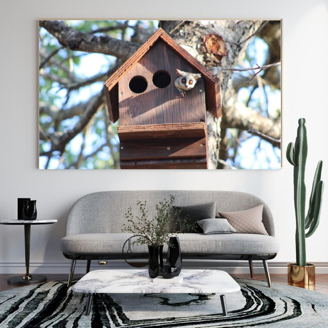 Cute Bush Baby Peeking Out Of A Wooden Birdhouse In A Tree Poster