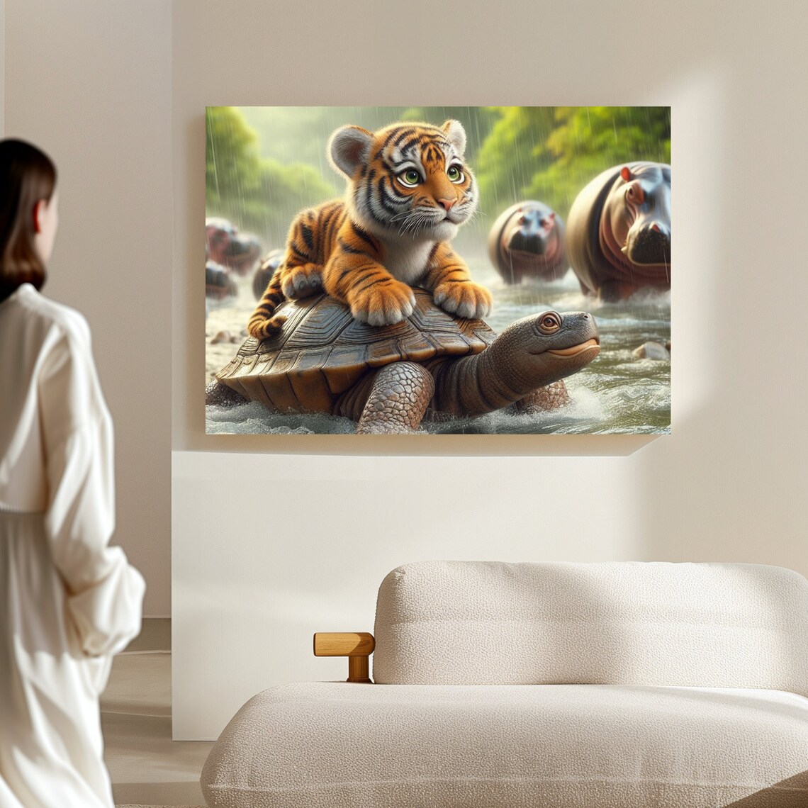 Cute Tiger Cub Riding A Tortoise Across A Rainy Jungle River Poster - Image 4