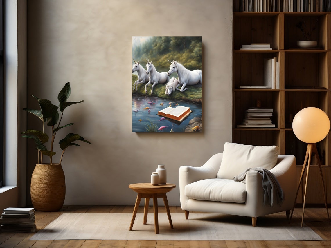 Whimsical Unicorns Resting by a River with an Open Book Poster - Image 2