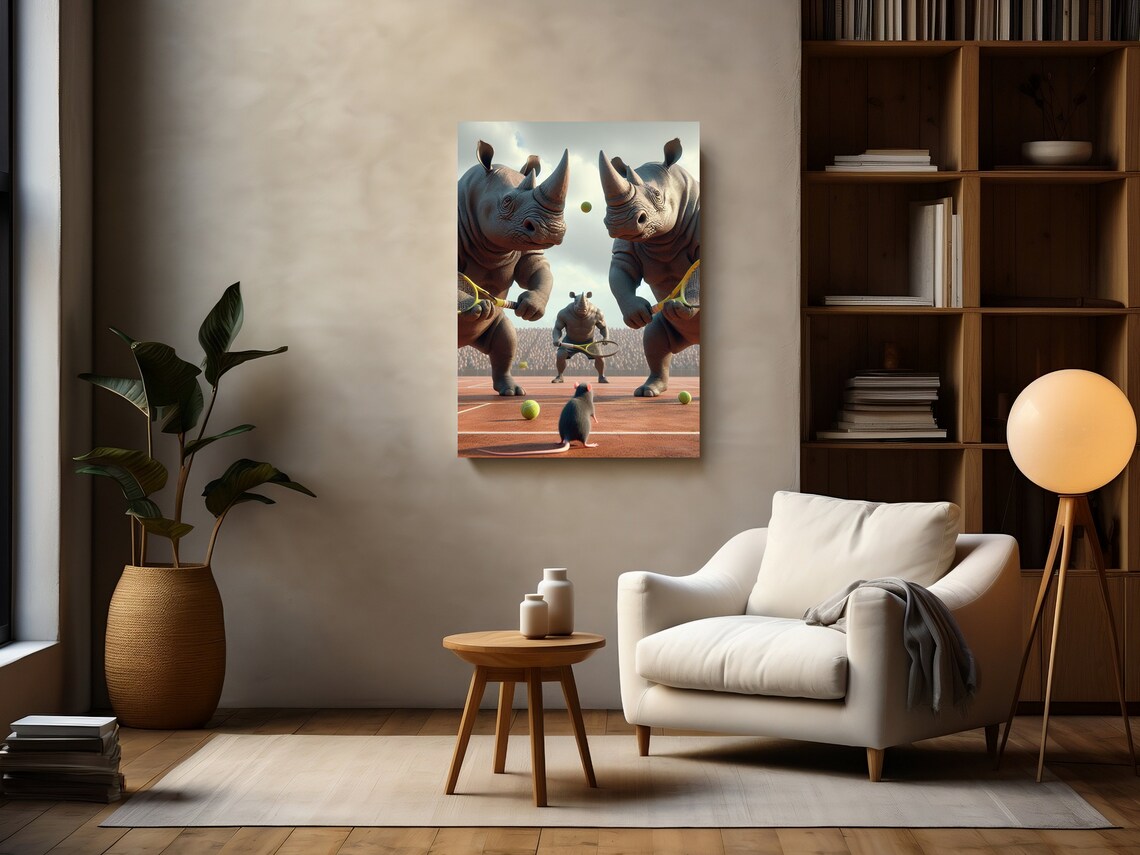 Rhinos Playing Tennis Doubles On A Clay Court Comedy Animal Poster - Image 2