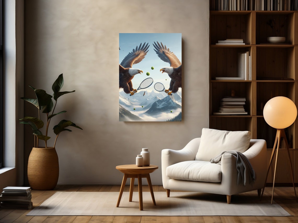 Two Bald Eagles Playing Tennis Above Snowy Mountain Peaks Poster - Image 2