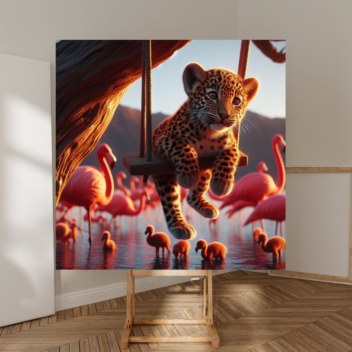 Whimsical Leopard Cub on a Swing Over a Flamingo Lake Sunset Poster