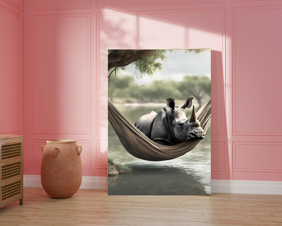 Funny Rhino Relaxing in a Hammock Over Water Quirky Animal Poster - Image 4