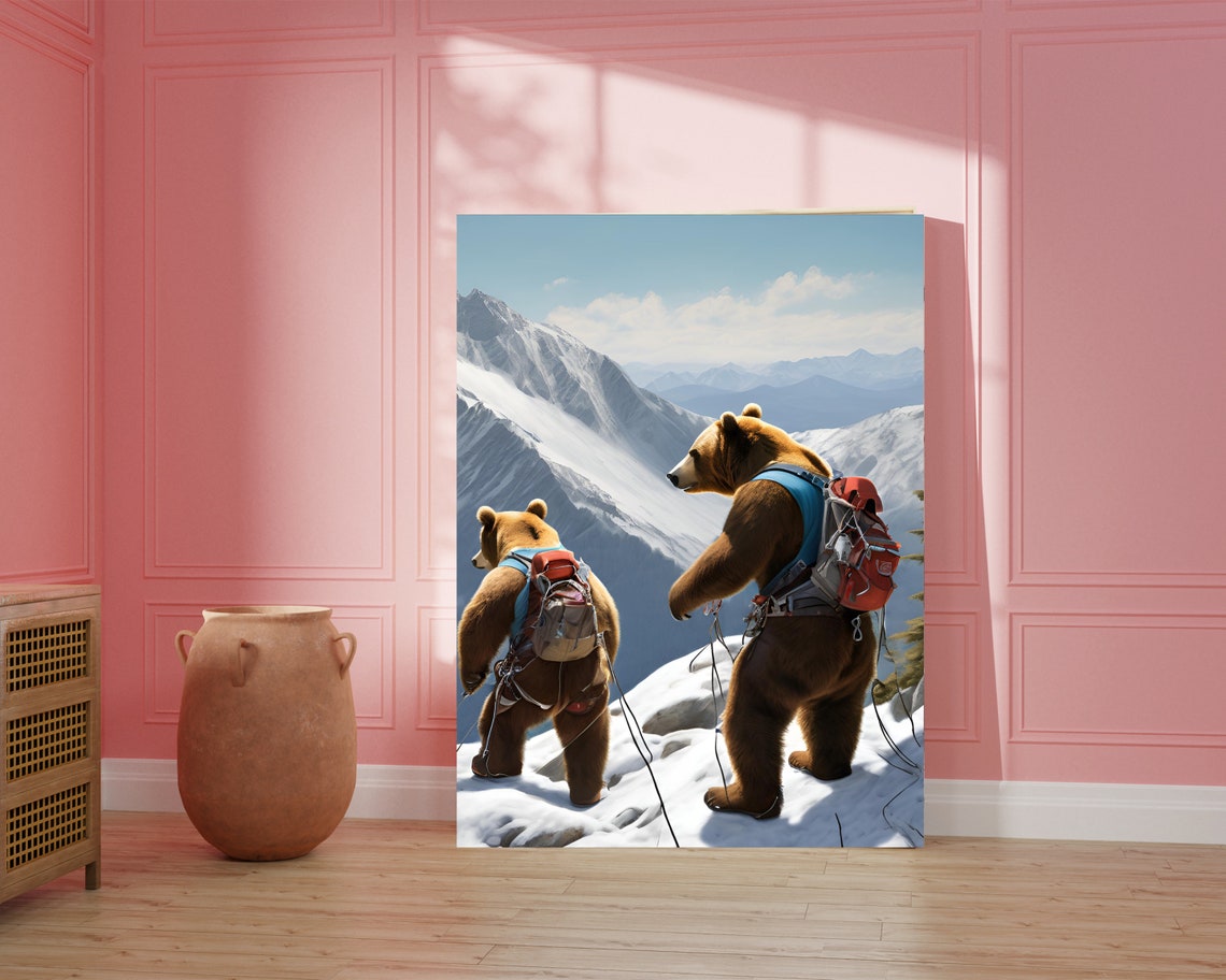 Funny Bears Climbing a Snowy Mountain with Backpacks Hike Poster - Image 4