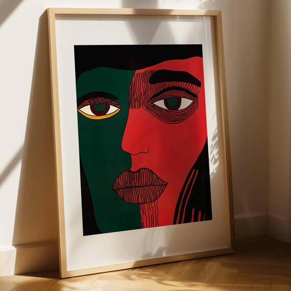 Bold Red And Green Abstract Face Modern Pop Art Style Portrait Print
