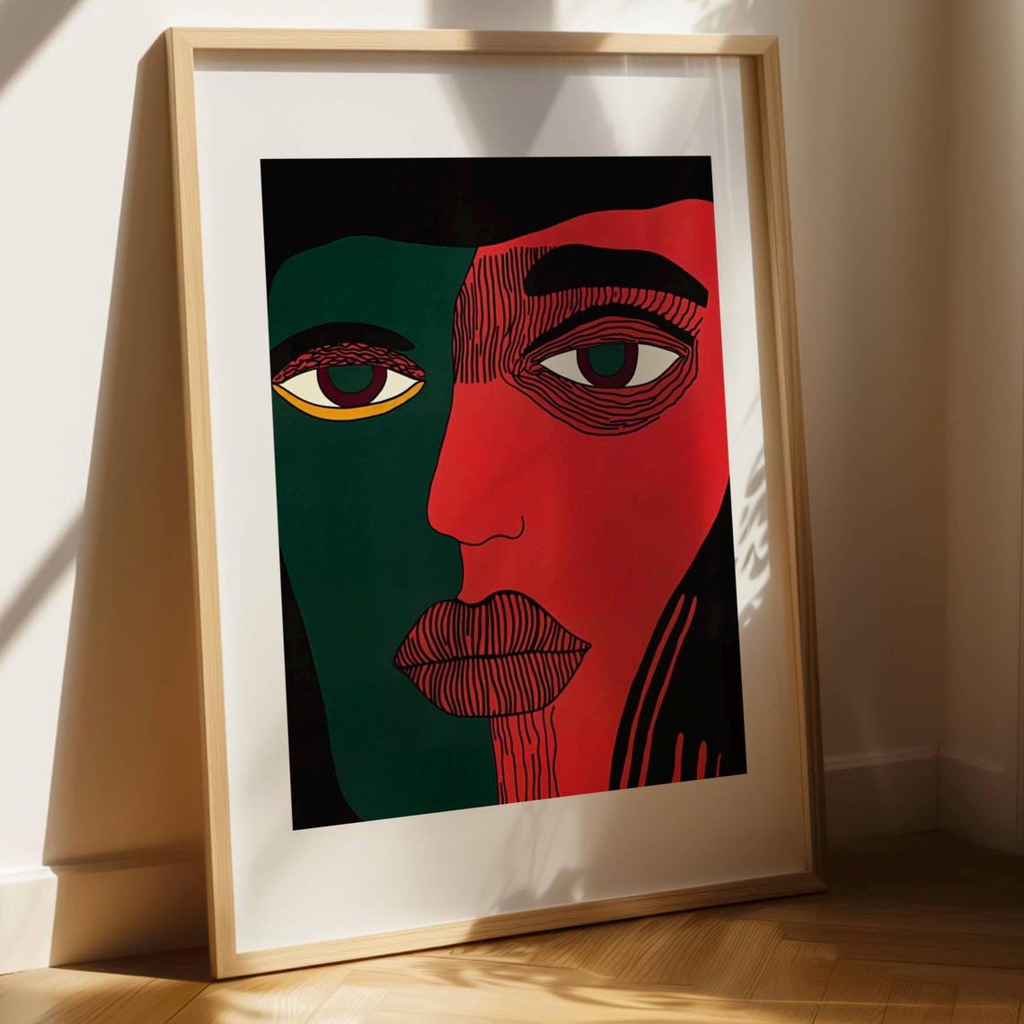 Bold Red And Green Abstract Face Modern Pop Art Style Portrait Print