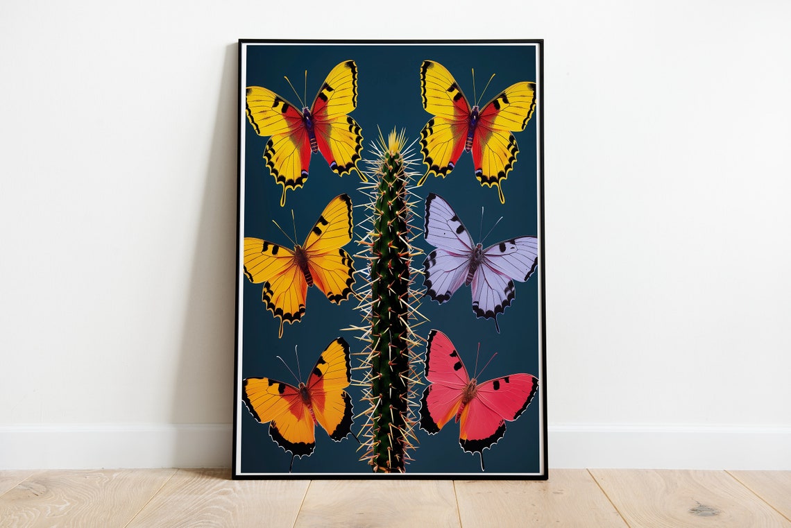 Six Colorful Butterflies Around Green Cactus Dark Teal Art Print