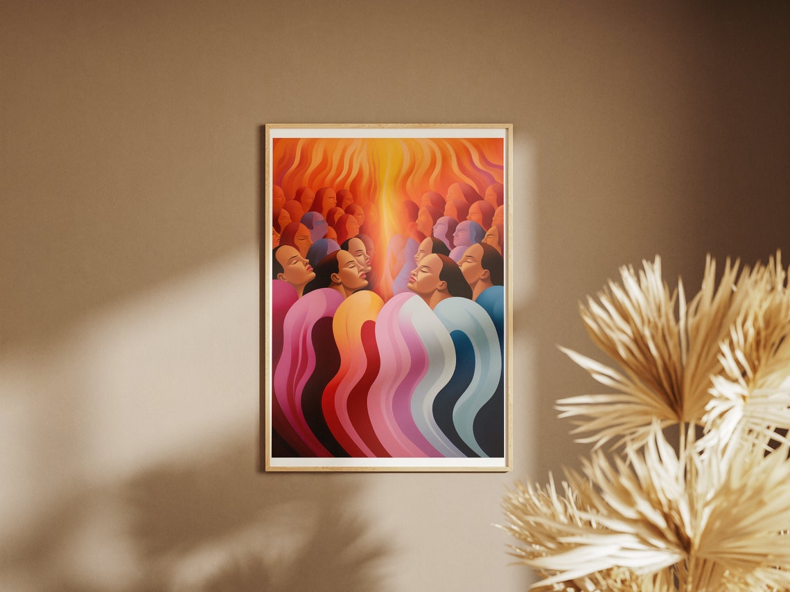 Women Gazing Upward in Warm Sunset Tones Stylized Modern Art Print - Image 4