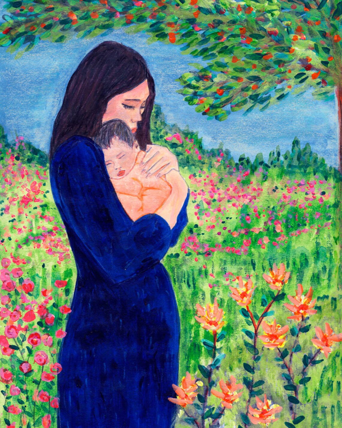 Mother in Blue Dress Holding Sleeping Baby in Flower Garden Art Poster