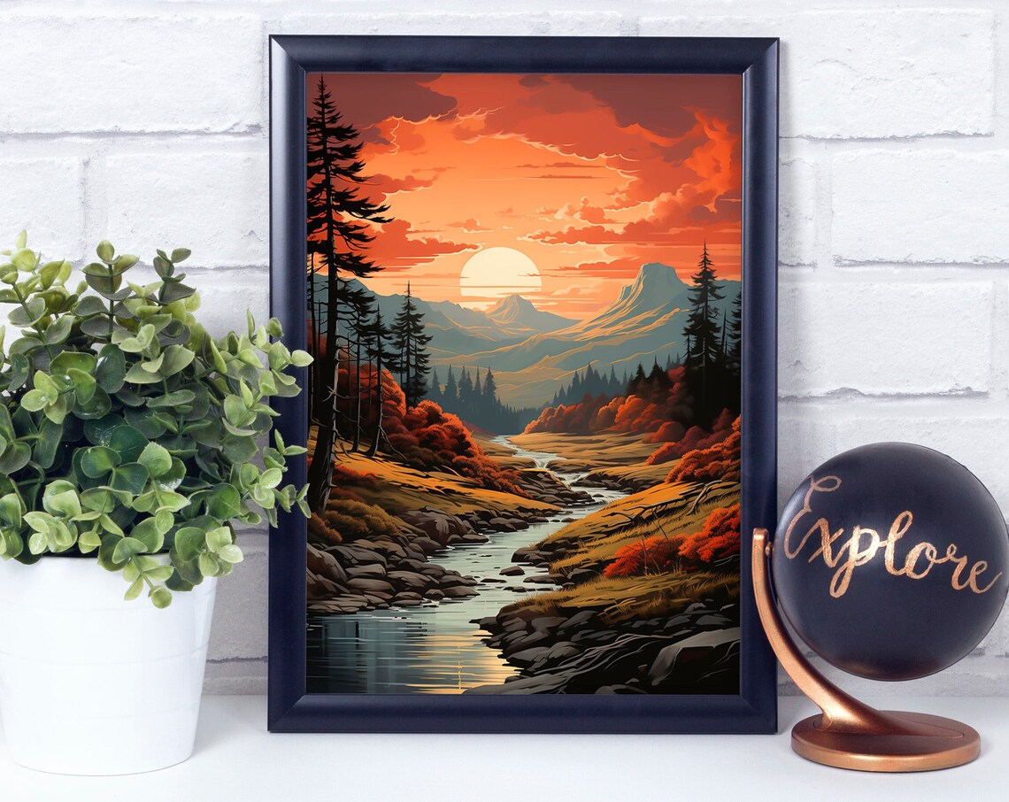 Highland Sunset Mountain River Valley Orange Sky Landscape Art Poster