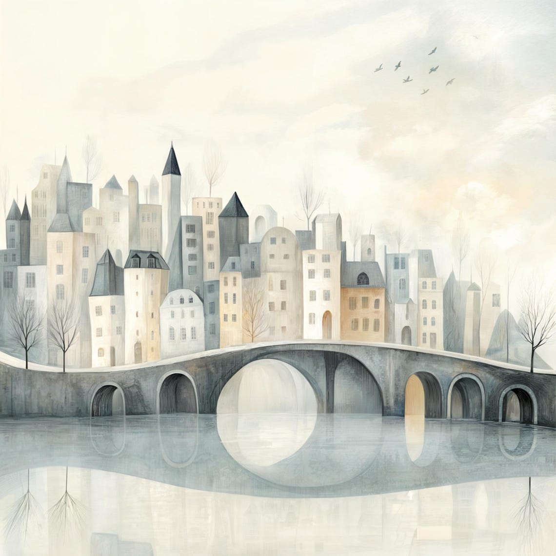 Dreamy City Skyline Arched Bridge Reflections Neutral Art Poster - Image 4