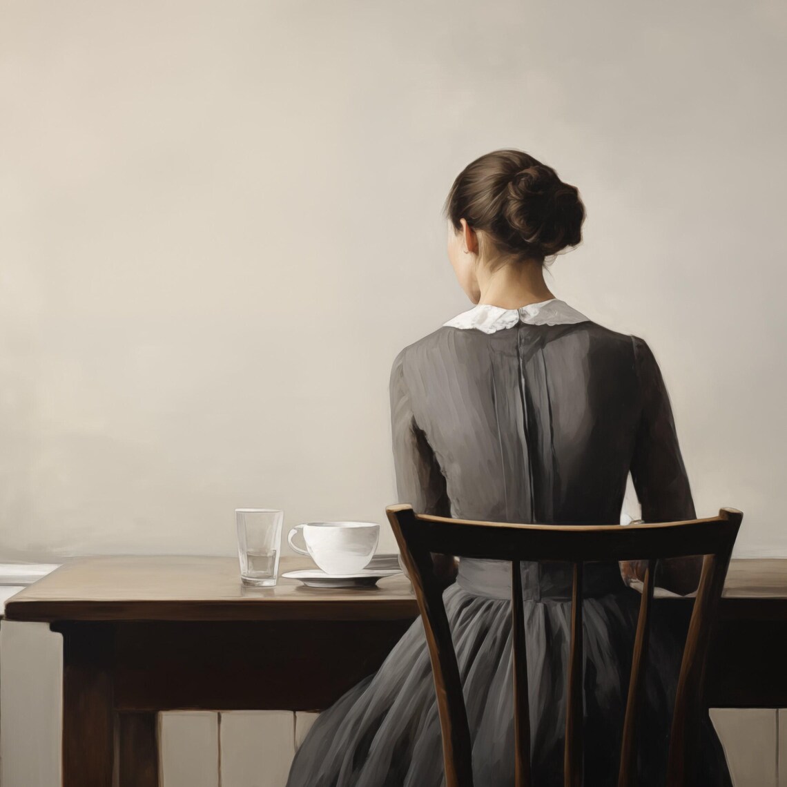 Woman In Grey Dress At Table Quiet Morning Minimalist Serene Art Poster - Image 4