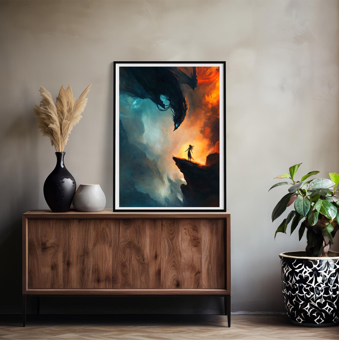 Dark Dragon Descending Over Girl On Cliff Teal Fire Gothic Fantasy Poster - Image 2