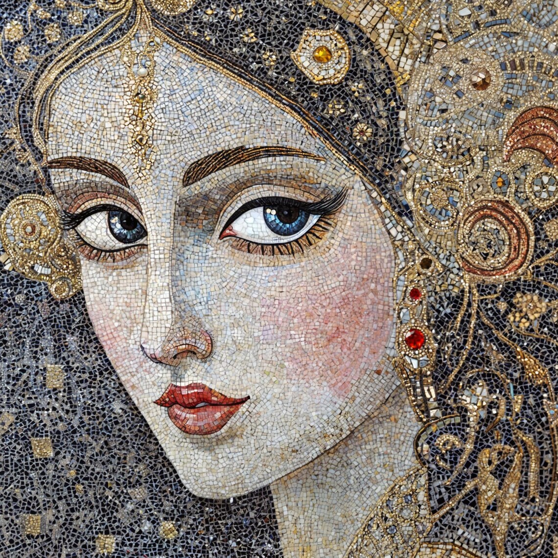 Mosaic Portrait Blue Eyed Woman Gold Jewelry Ornate Dark Wall Poster - Image 3