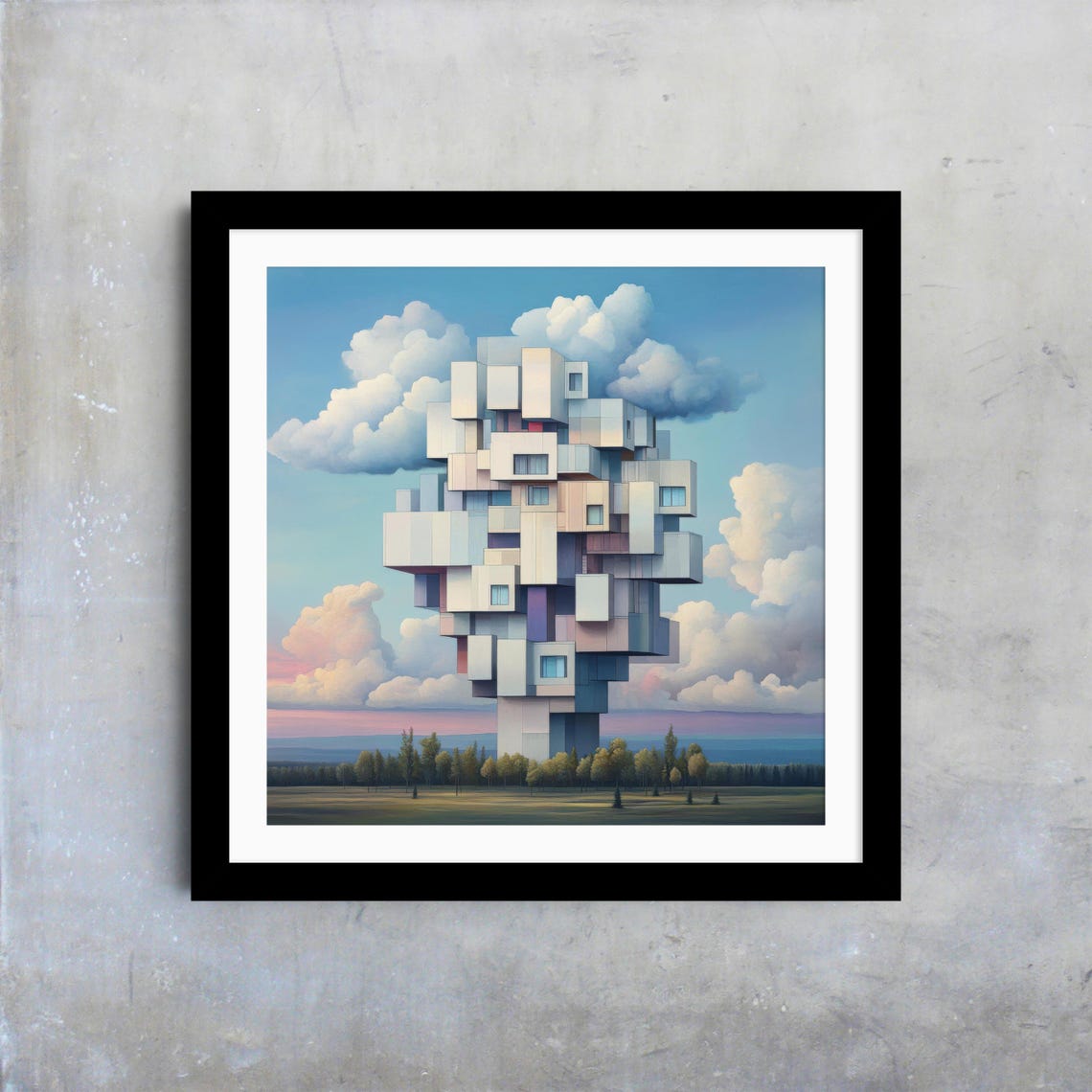 Surreal Cubist Tower Stacked White Cubes Floating Sky Art Poster - Image 4
