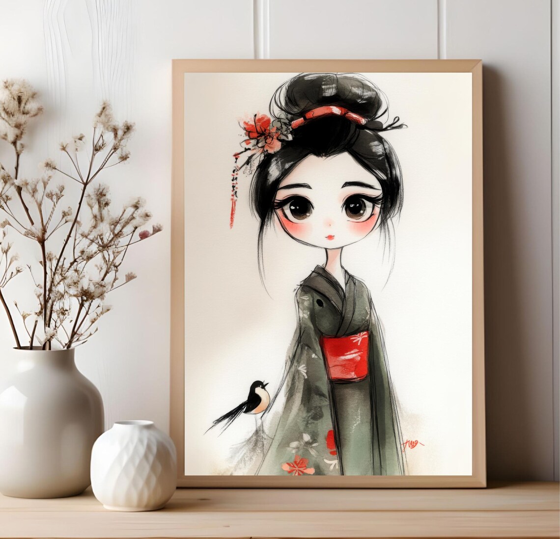 Cute Anime Geisha Girl Green Kimono Red Obi Japanese Art Poster - Image 2