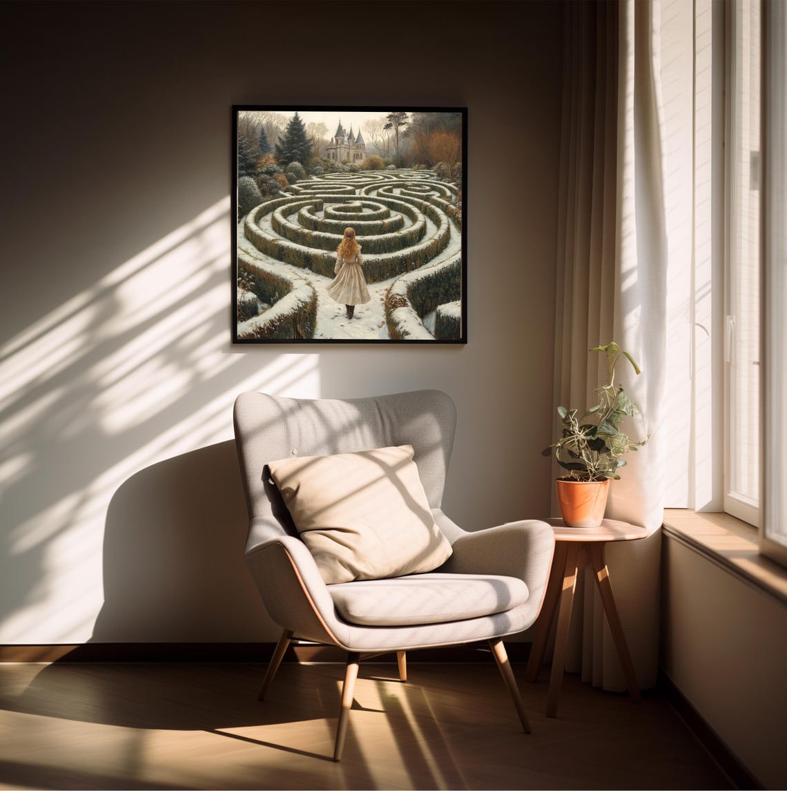 Enchanted Winter Castle Snowy Hedge Maze Fantasy Scene Print