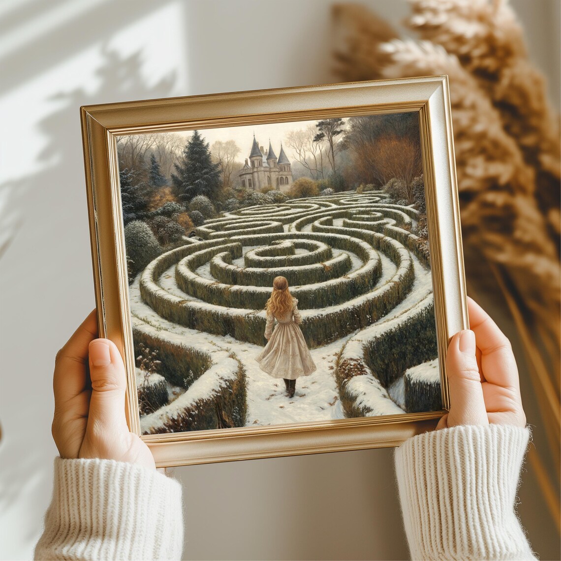 Enchanted Winter Castle Snowy Hedge Maze Fantasy Scene Print - Image 2