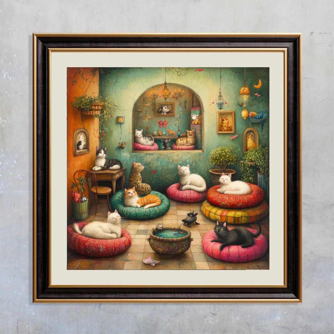 Cozy Cats Lounging Colorful Cushions Bohemian Cat Room Art Poster