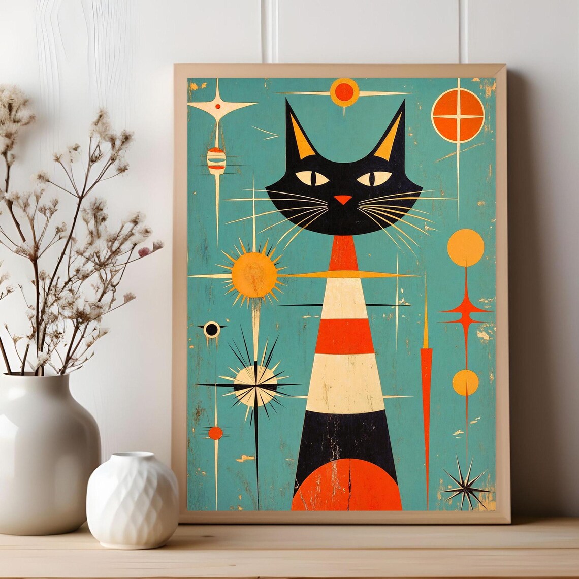 Midcentury Tall Black Cat Striped Body Atomic Starburst Retro Cat Poster - Image 2