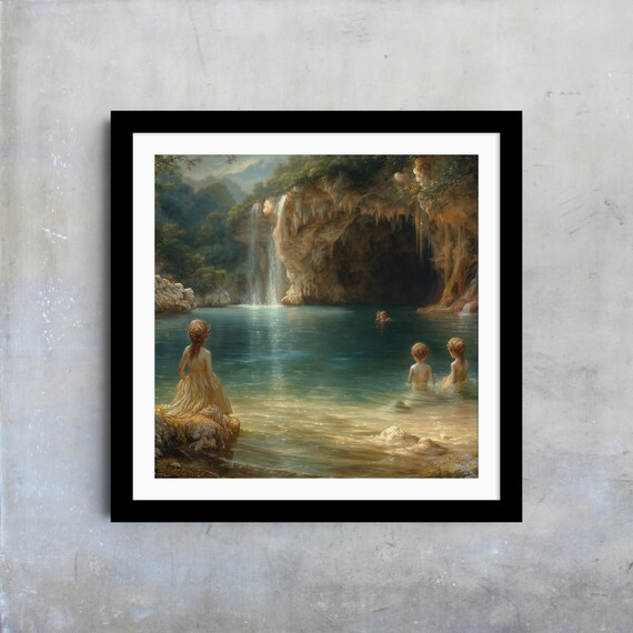 Enchanted Forest Lake Scene Wall Art Classic Landscape Painting Waterfall And Nymphs Vintage Style Home Decor