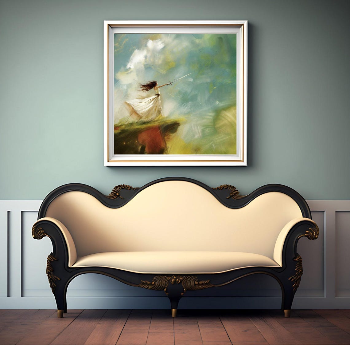 Warrior Woman Sword Raised Sky Dreamy Green Clouds Fantasy Art Poster - Image 2
