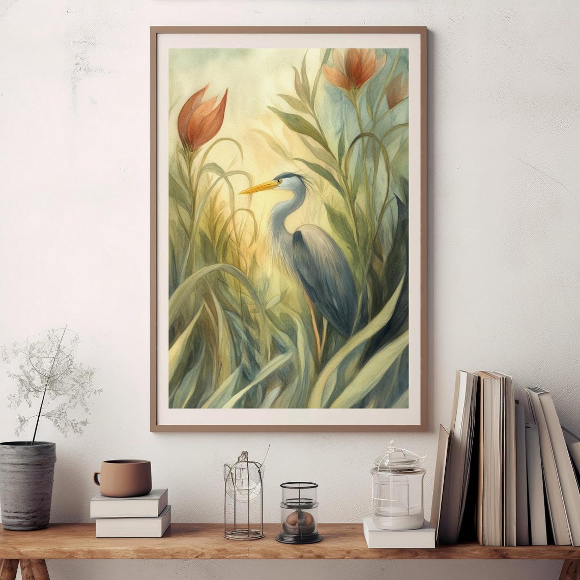 Great Blue Heron Watercolor Reeds Wildflowers Coastal Bird Poster - Image 3