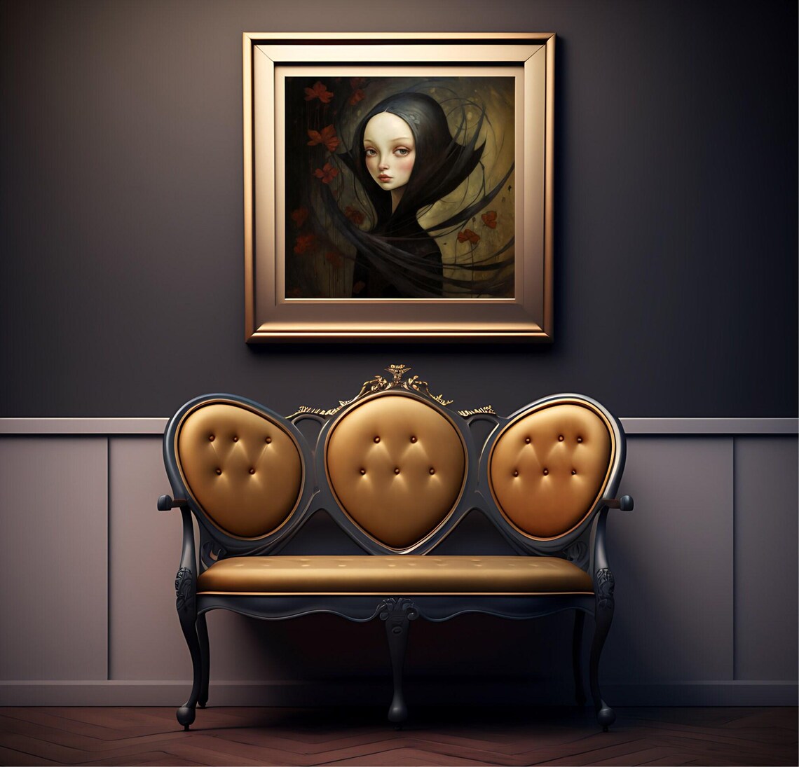 Gothic Vampire Girl Swirling Black Hair Red Flowers Dark Fantasy Portrait Poster - Image 3
