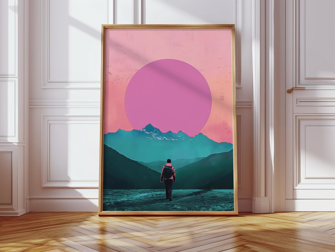 Pink Sun Hiker Silhouette Teal Mountains Adventure Art Poster