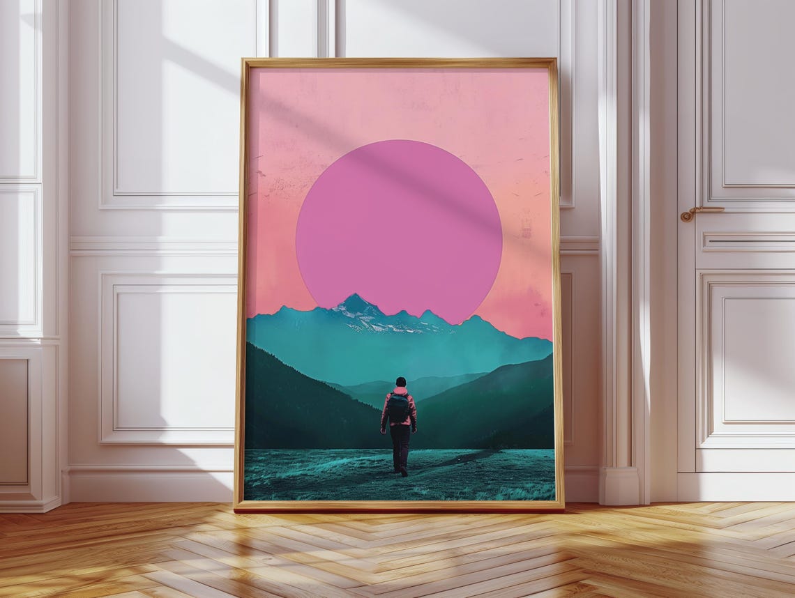 Retro Surreal Mountain Print Pink Sun Hiker Dreamy Landscape