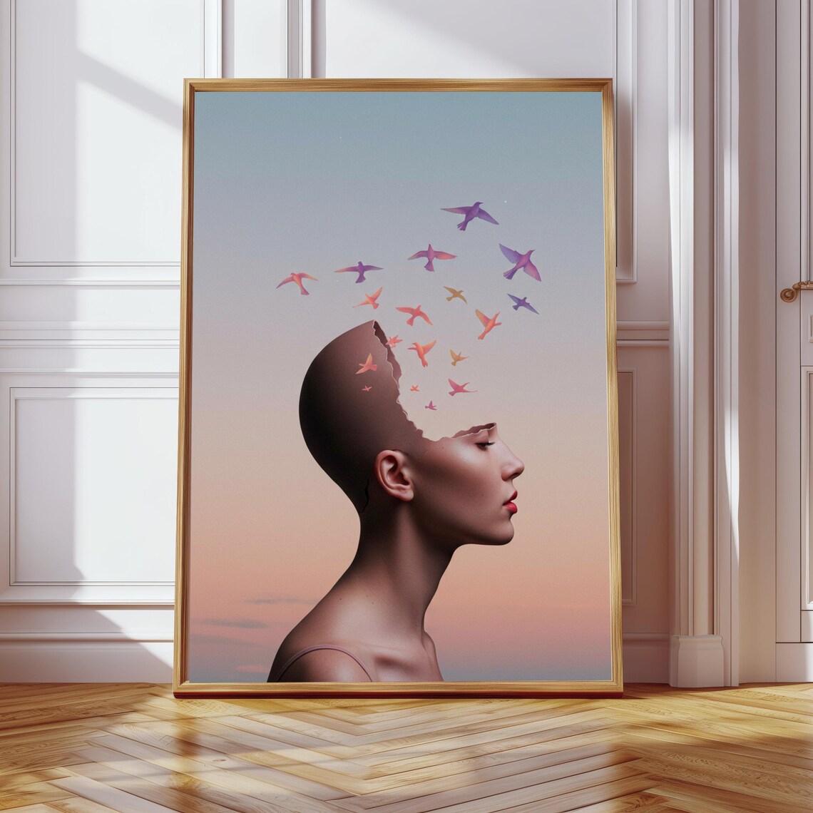 Surreal Woman Portrait With Birds of Thought Flying Art Poster