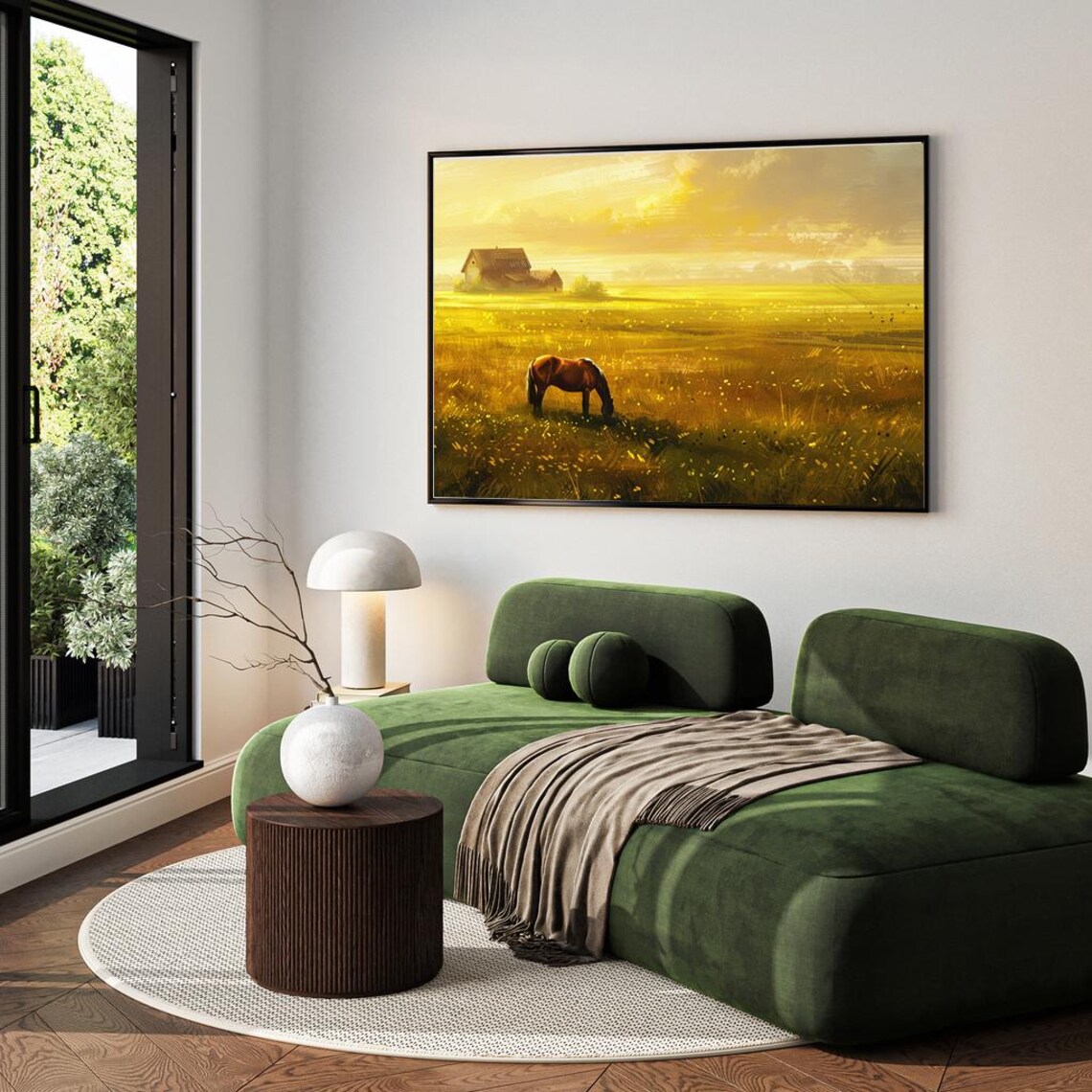 Horse Grazing in Golden Sunset Field Over Rustic Farm Wall Poster