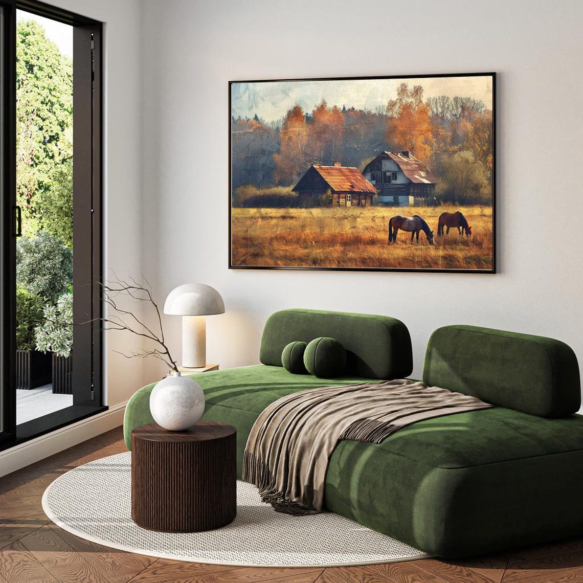Horses Grazing by Rustic Barns in Autumn Countryside Art Poster