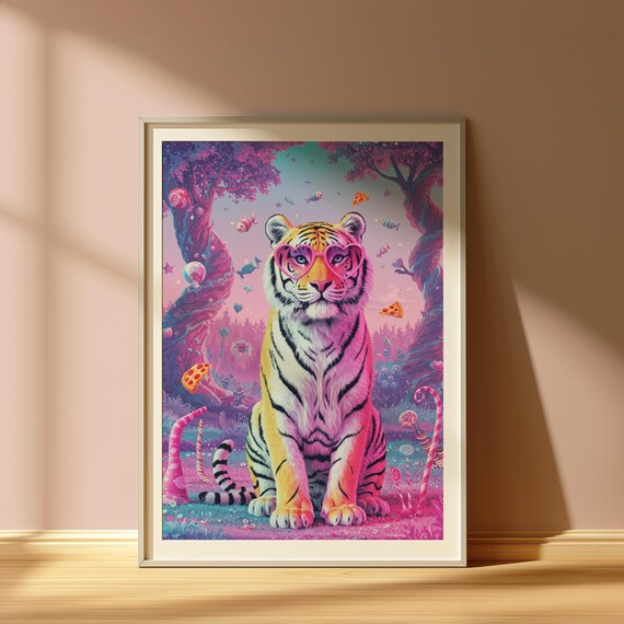 Surreal Tiger Poster Psychedelic Jungle Art With Heart Glasses
