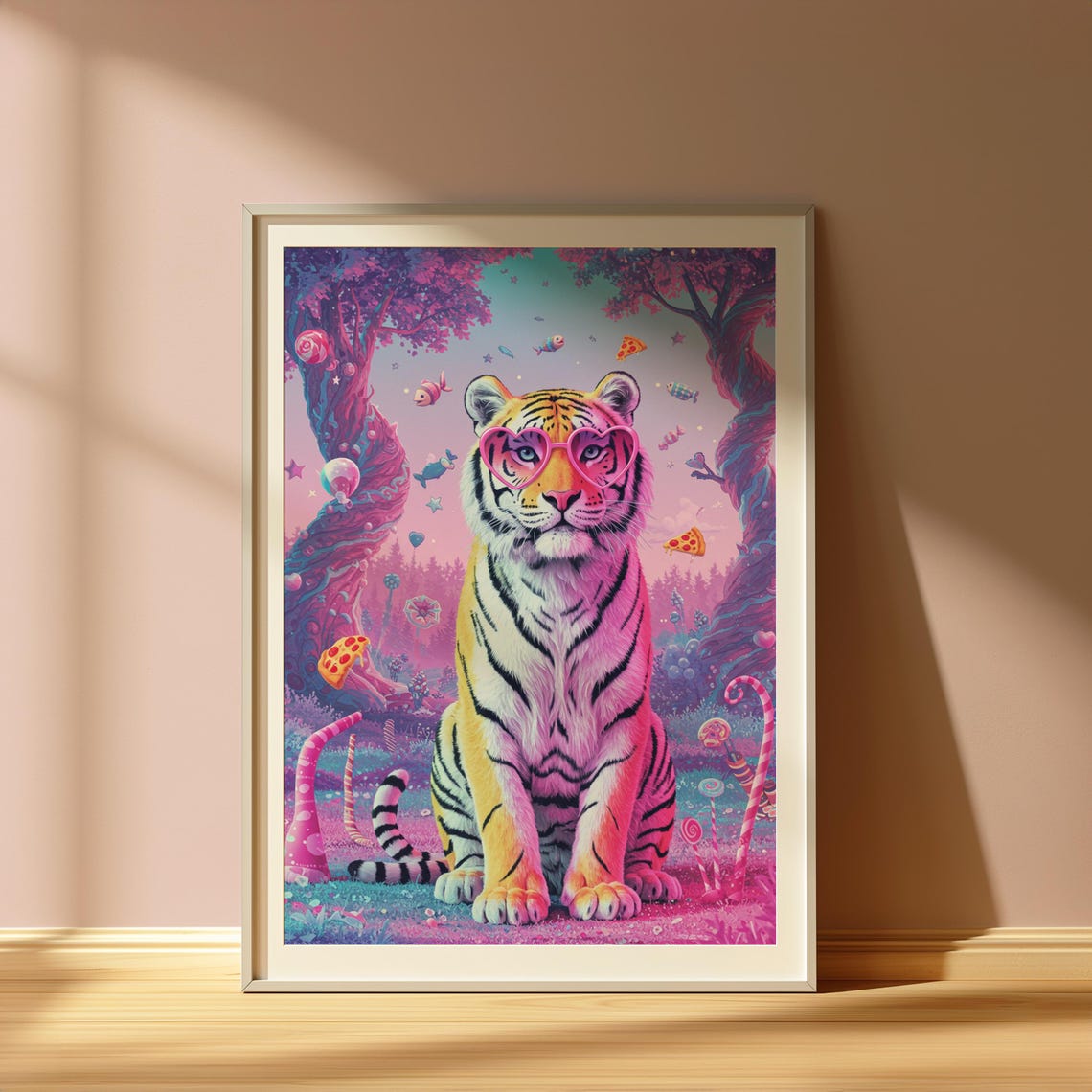 Psychedelic Tiger In Heart Glasses Candy Forest Animal Poster