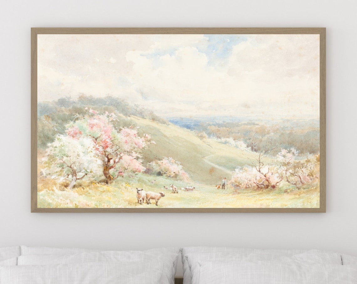 Sheep Grazing Blossom Orchard Spring Pastoral Watercolor Poster - Image 3
