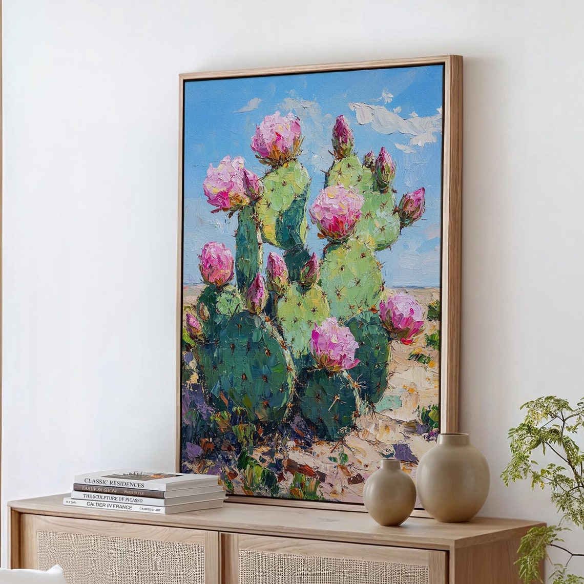 Blooming Prickly Pear Cactus Pink Flowers Blue Sky Desert Print
