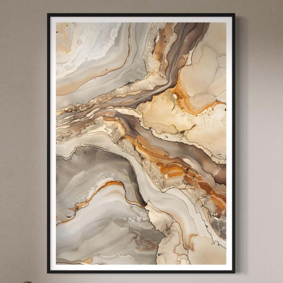 Neutral Beige Gold Abstract Fluid Ink Marble Modern Art Print