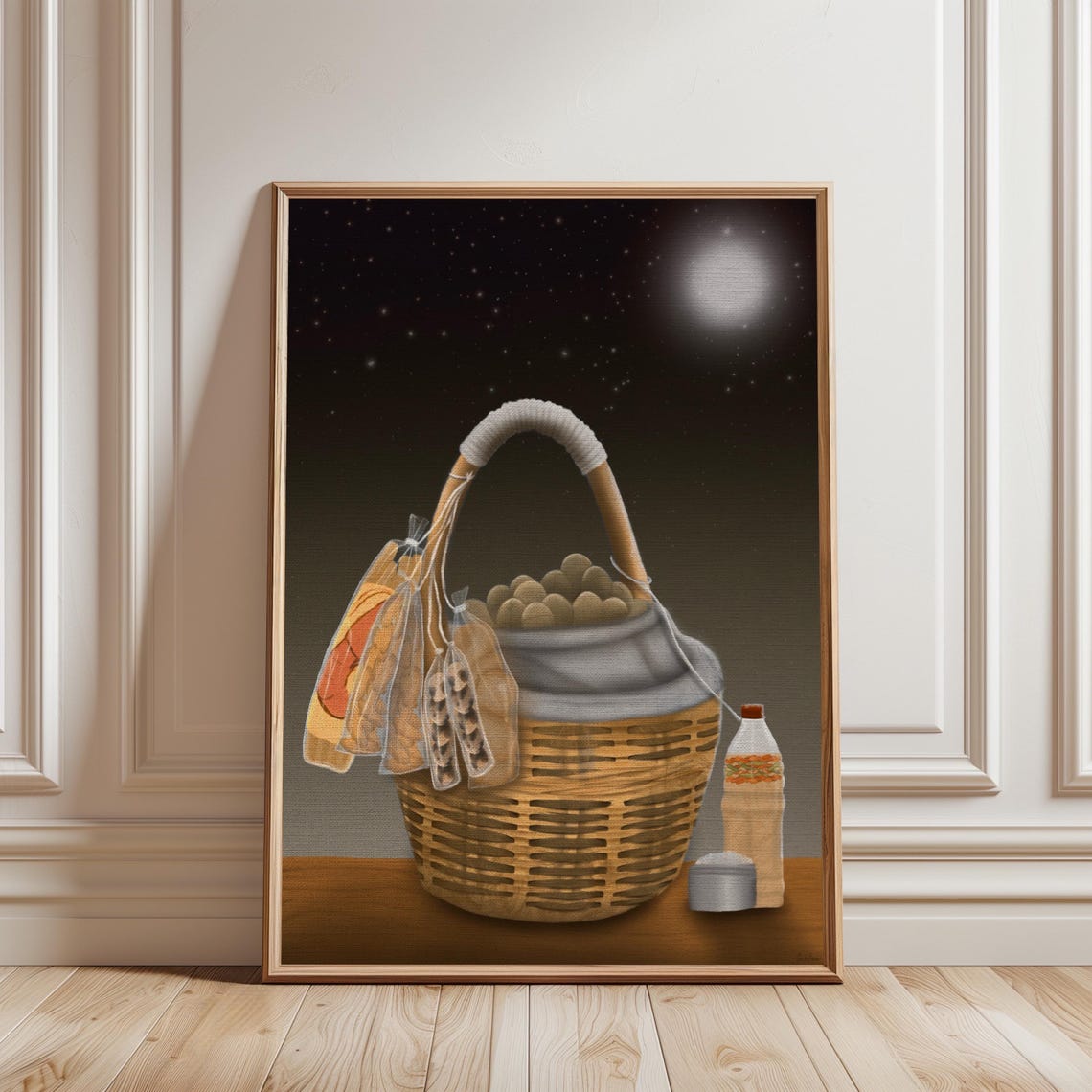 Moonlit Bread Basket Parisian Bakery Night Still Life Wall Print