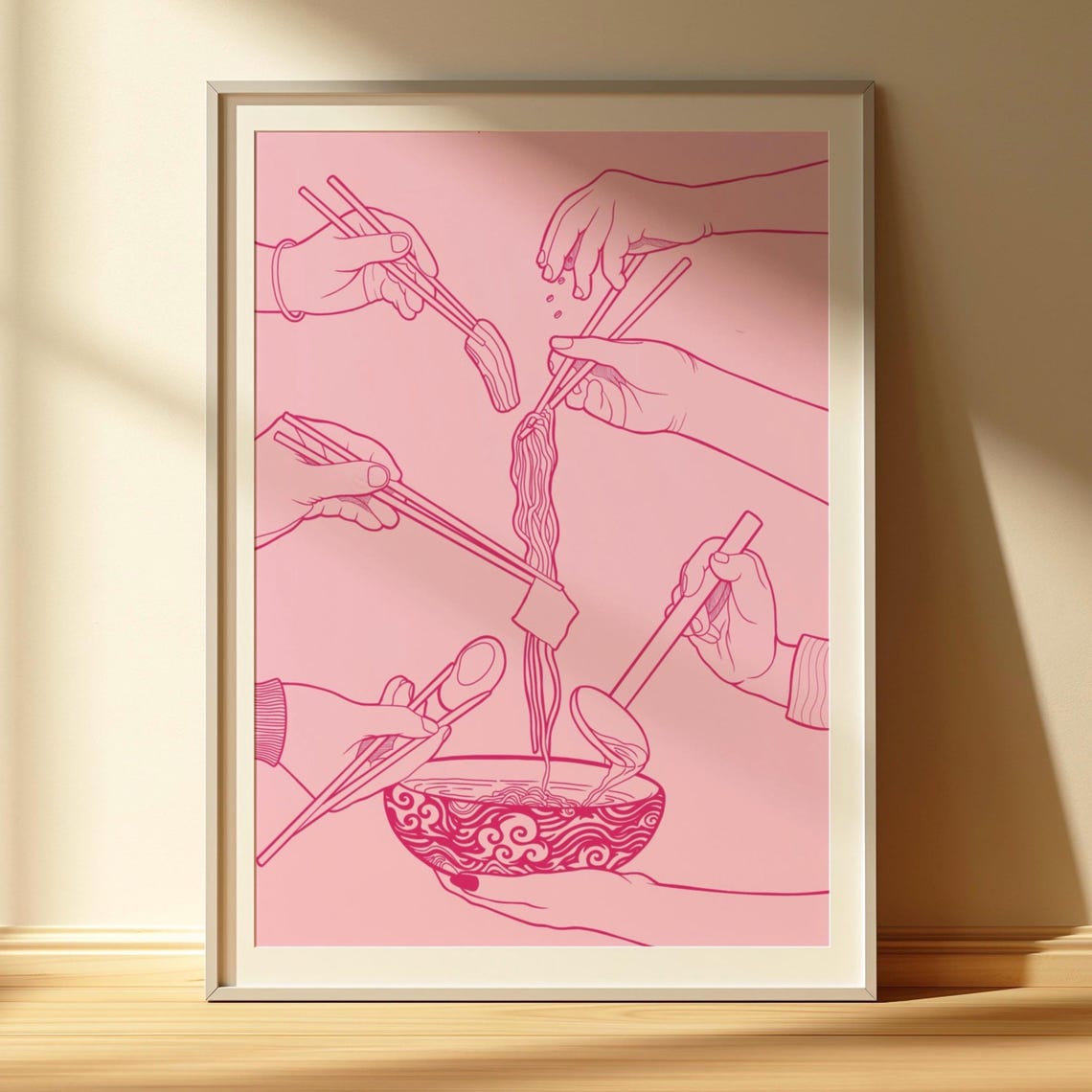 Shared Ramen Bowl Hands Chopsticks Pink Line Art Communal Food Poster
