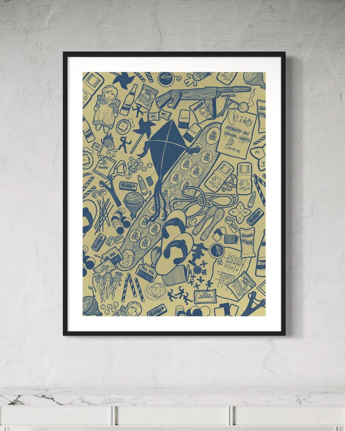 Filipino Childhood Toys Doodle Navy Ink Tan Nostalgia Heritage Poster